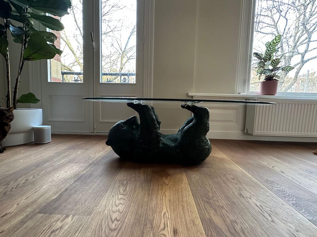 Unieke salontafel met bronzen beer onderstel, Ophalen, Overige vormen, Minder dan 50 cm, 100 tot 150 cm