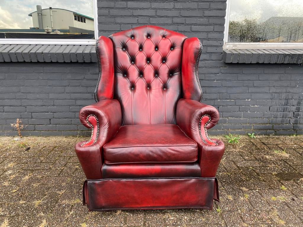 Chesterfield oorfauteuil Oxblood rood, Ophalen of Verzenden, Zo goed als nieuw, 75 tot 100 cm