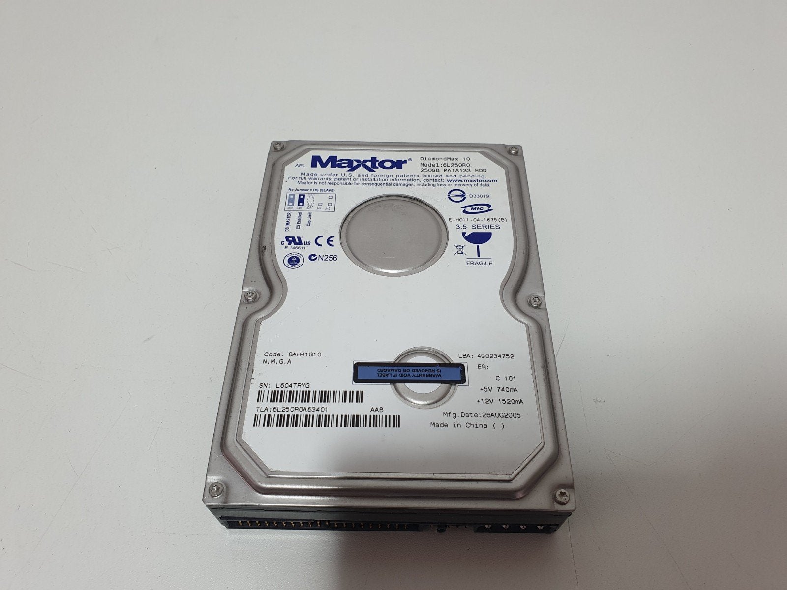 Maxtor DiamondMax 10 250GB HDD PATA/IDE - 6L250R0 - Werkend, Computers en Software, Harde schijven, Maxtor, Intern, Gebruikt, .