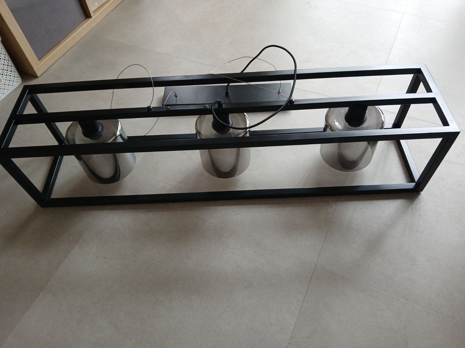 Moderne hanglamp met 3 glazen kappen - 110x25x25 cm, Modern, Industrieel, Zo goed als nieuw, Glas, E27 (groot)