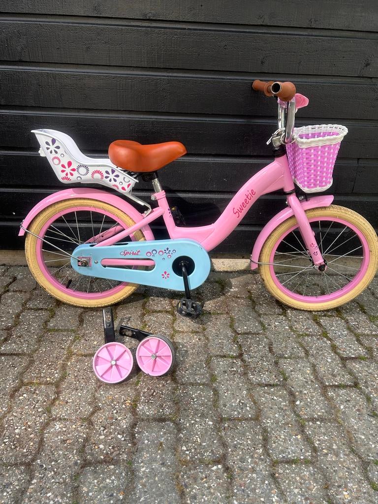 Roze kinderfiets Spirit Sweetie 16 inch met zijwieltjes, Ophalen, Zijwieltjes, 16 tot 20 inch, Velgrem