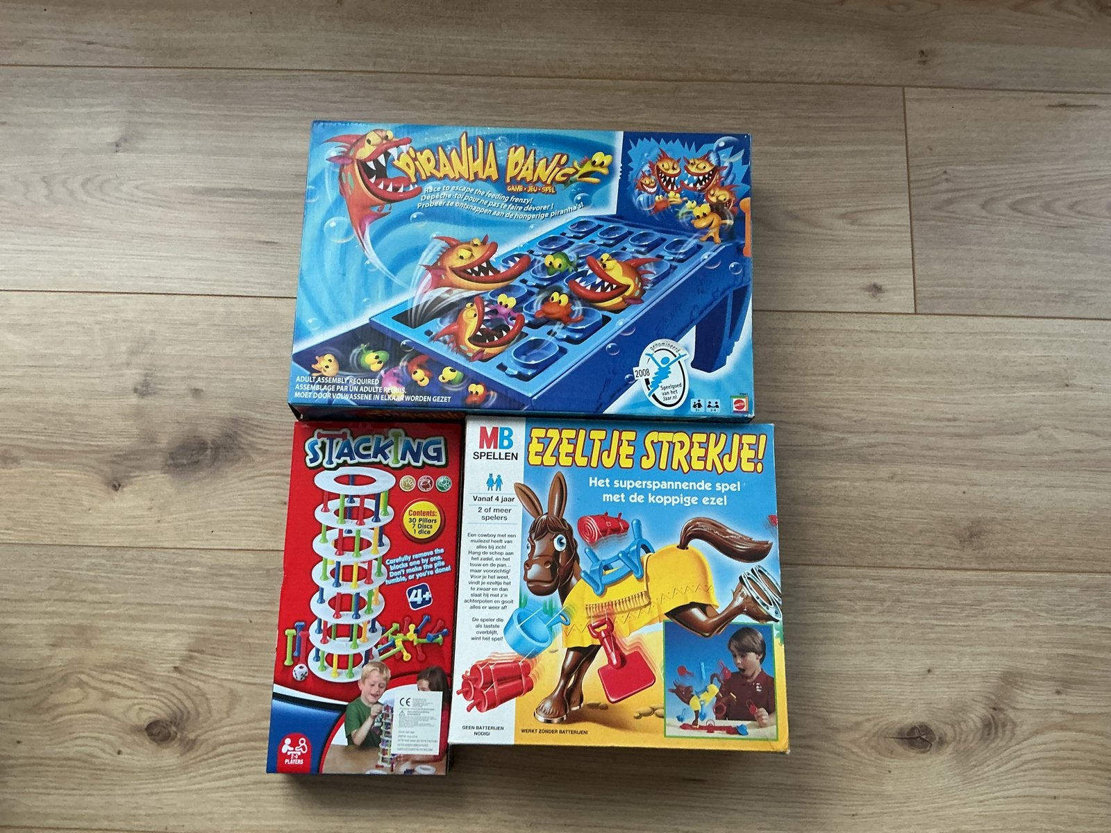 Bordspellen: Piranha Panic, Stacking, Ezeltje Strekje, Een of twee spelers, Ophalen, Gebruikt