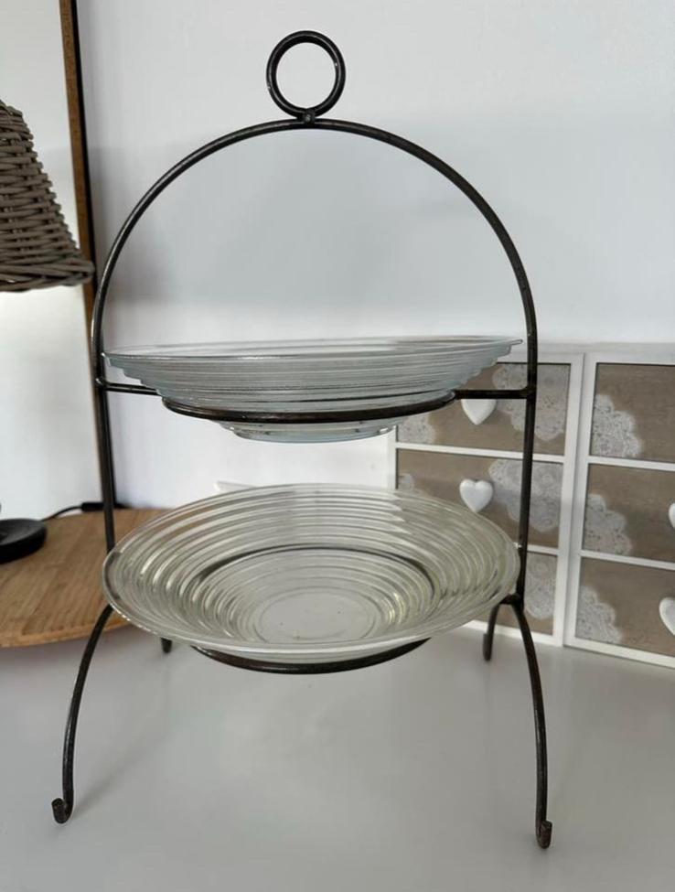 Metalen etagere met 2 glazen schalen (riviera maison), Ophalen, Zo goed als nieuw