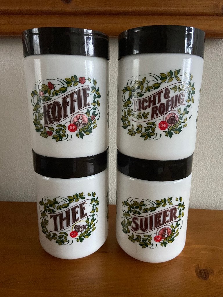 4 Vintage Douwe Egberts Opaline Voorraadpotten (70s), Ophalen of Verzenden, Meerkleurig, Overige merken, Glas