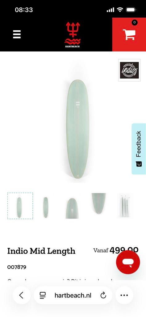 Indio longboard surfboard 9,6, Ophalen of Verzenden, Zo goed als nieuw, Funboard, Met vinnen
