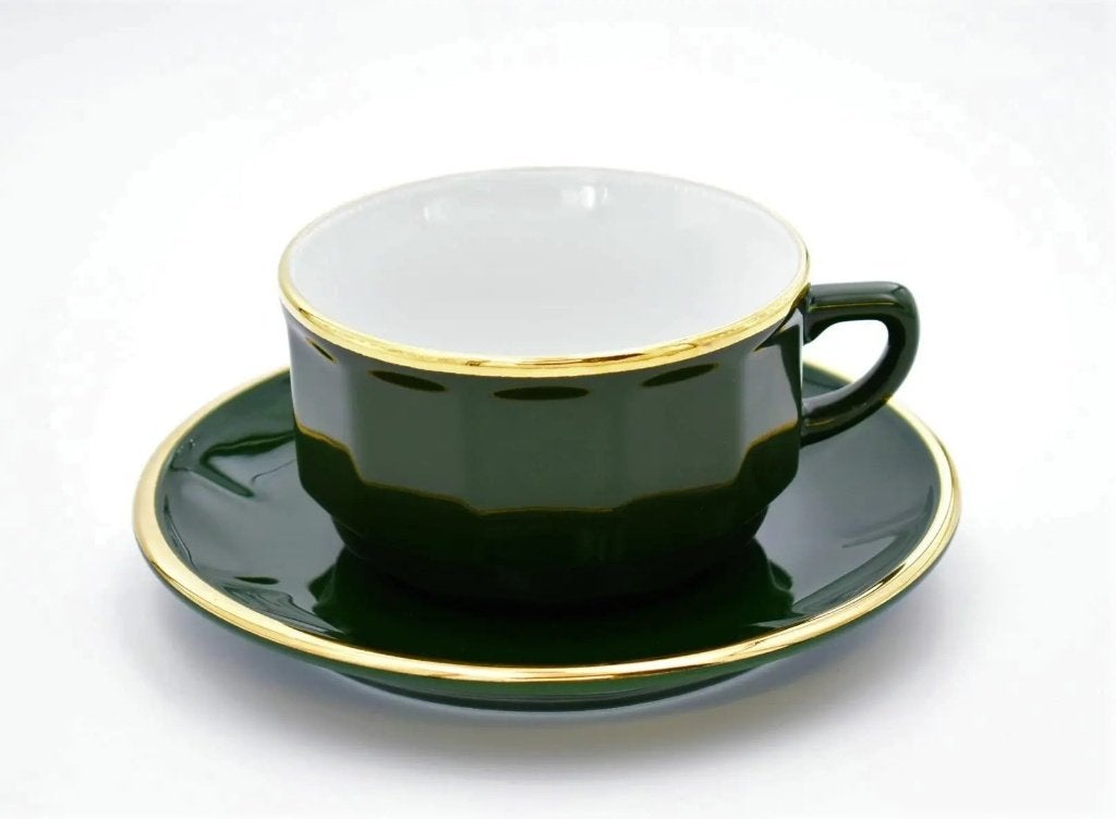 Apilco Flora kop en schotel 15cl 8cm groen goud (cappuccino), Ophalen of Verzenden, Gebruikt, Porselein, Kop en/of schotel