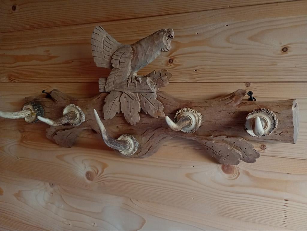Unieke houten kapstok met gebeeldhouwde uil en geweien, Zo goed als nieuw, Minder dan 100 cm, Hout, Ophalen