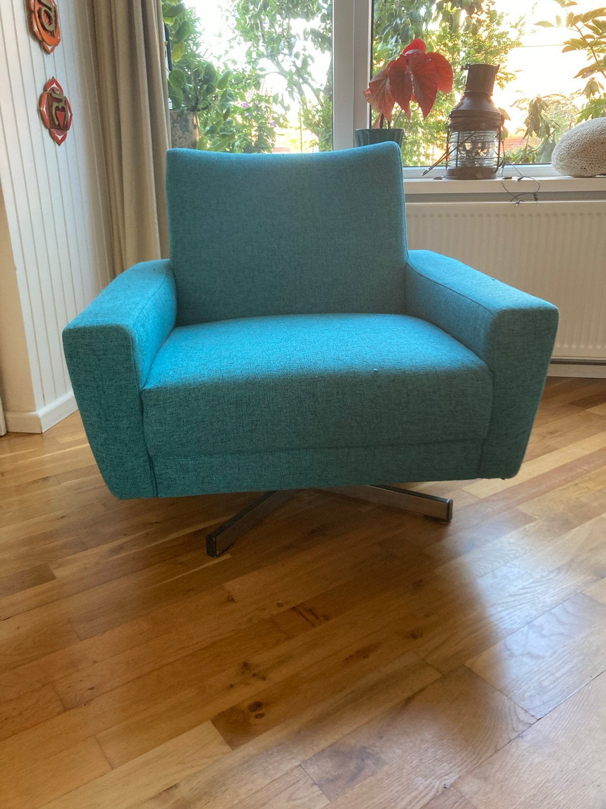 Vintage Draai Fauteuil jaren 60 turquoise lounge stoel, Ophalen, Gebruikt, Stof, 75 tot 100 cm