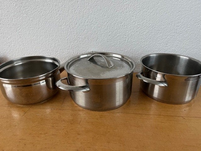 Set kleine pannen en koekenpan, Ophalen of Verzenden, Zo goed als nieuw, Rvs, Kookpan