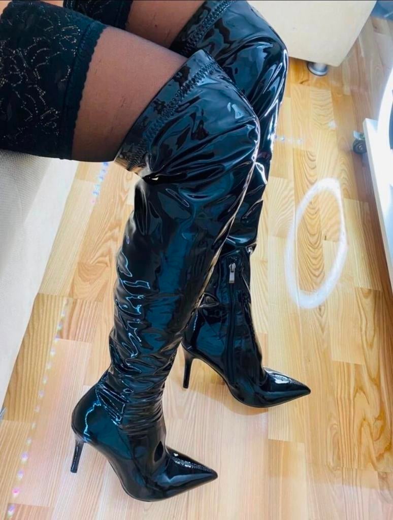 Lak laarzen maat 45 overknees stilleto high heels, Verzenden
