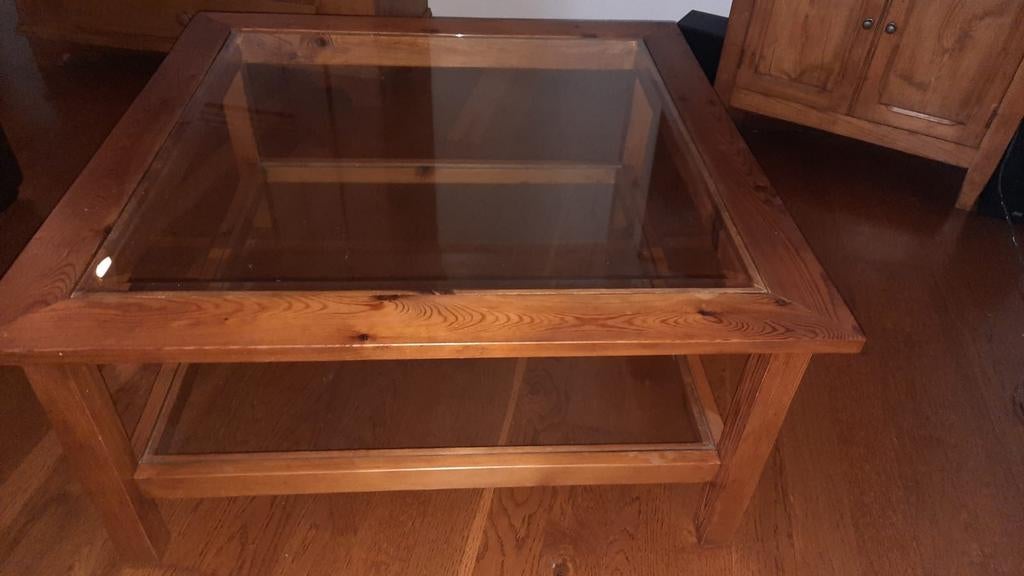 Grenen salontafel met glazen blad, Ophalen, Gebruikt, 50 tot 100 cm, Glas