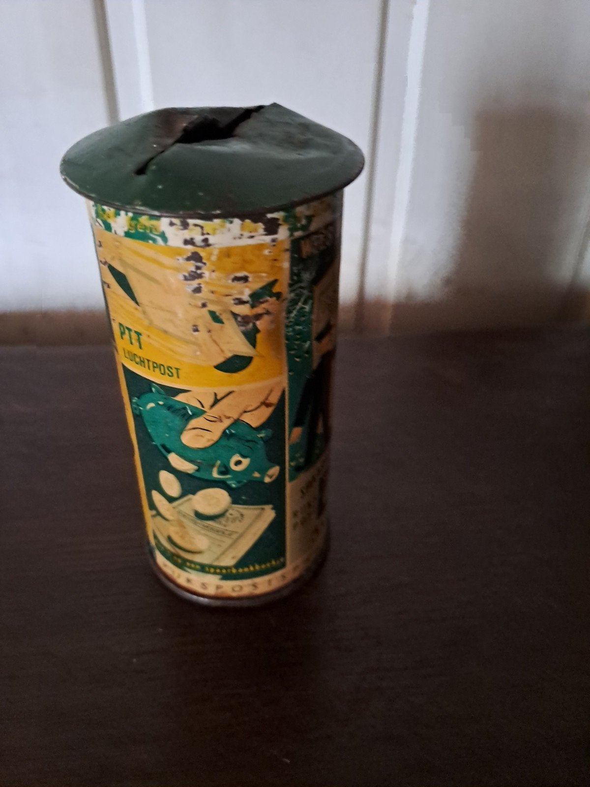 Vintage Rijkspostspaarbank spaarpot blik, Verzamelen, Ophalen of Verzenden, Gebruikt, Metaal of Blik, Overige thema's