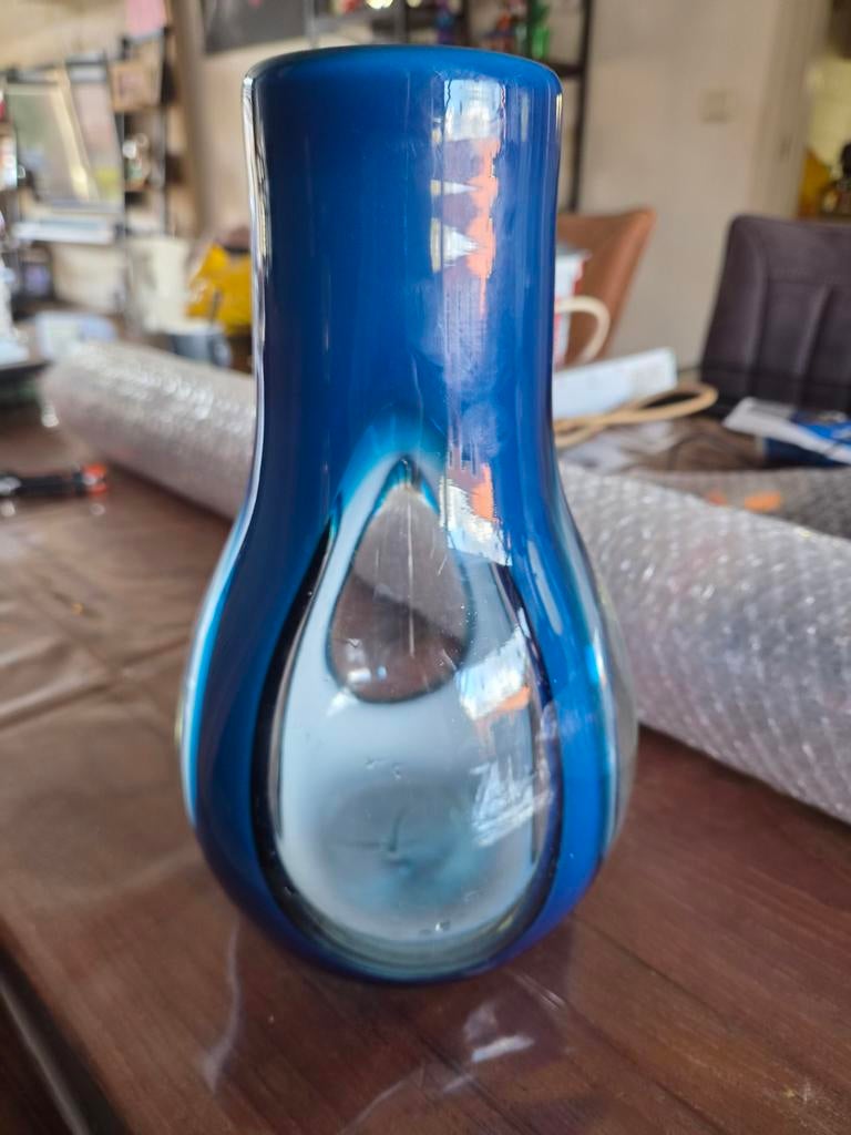 Handgeblazen Kunstglas vaas - Druppelmotief Blauw., Antiek en Kunst, Ophalen of Verzenden