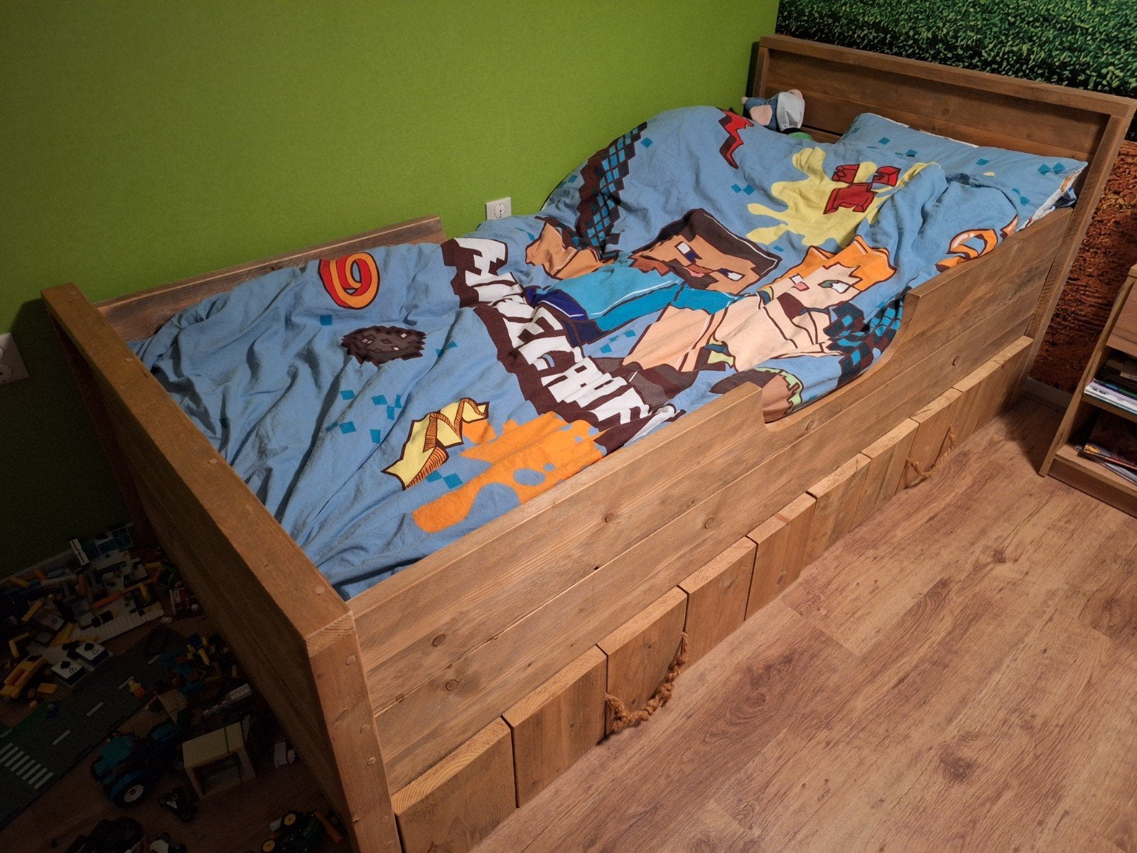1-persoons bed van steigerhout met 2 lades, Ophalen, 85 tot 100 cm, Gebruikt, Matras