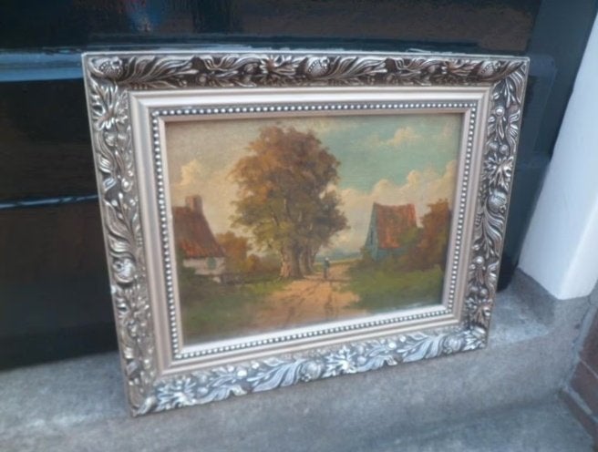 Schilderij olieverf Holland Baks boerderij landschap kippen, Antiek en Kunst, Doek, Origineel werk, Ophalen of Verzenden, Olieverf