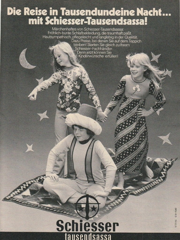 Retro reclame 1975 Schiesser pyjama's jongetje meisjes 1001, Verzenden, Overige typen