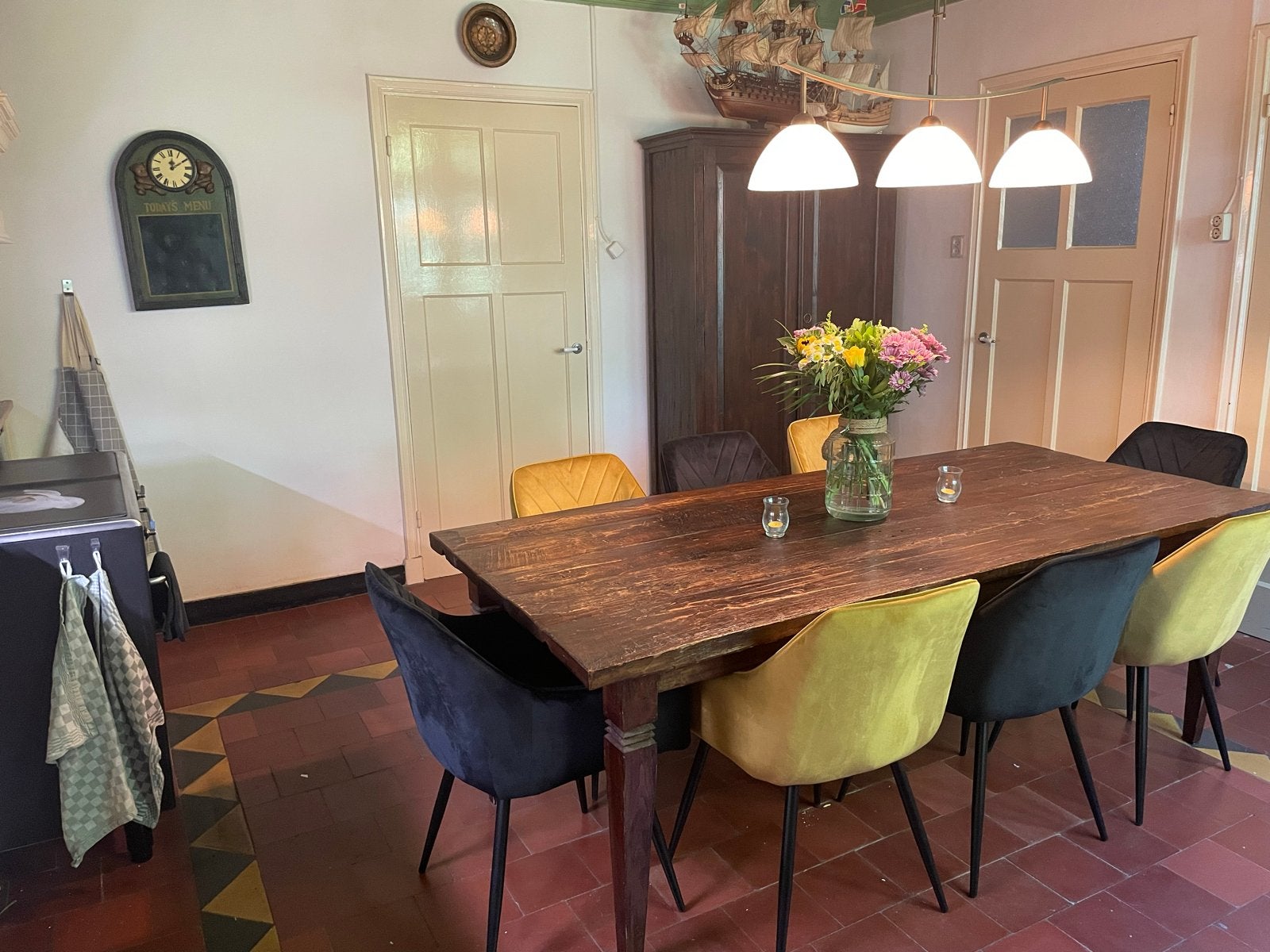 Robuuste houten eettafel met lades - 220x98x78 cm, Huis en Inrichting, Ophalen, Gebruikt, 200 cm of meer, 50 tot 100 cm