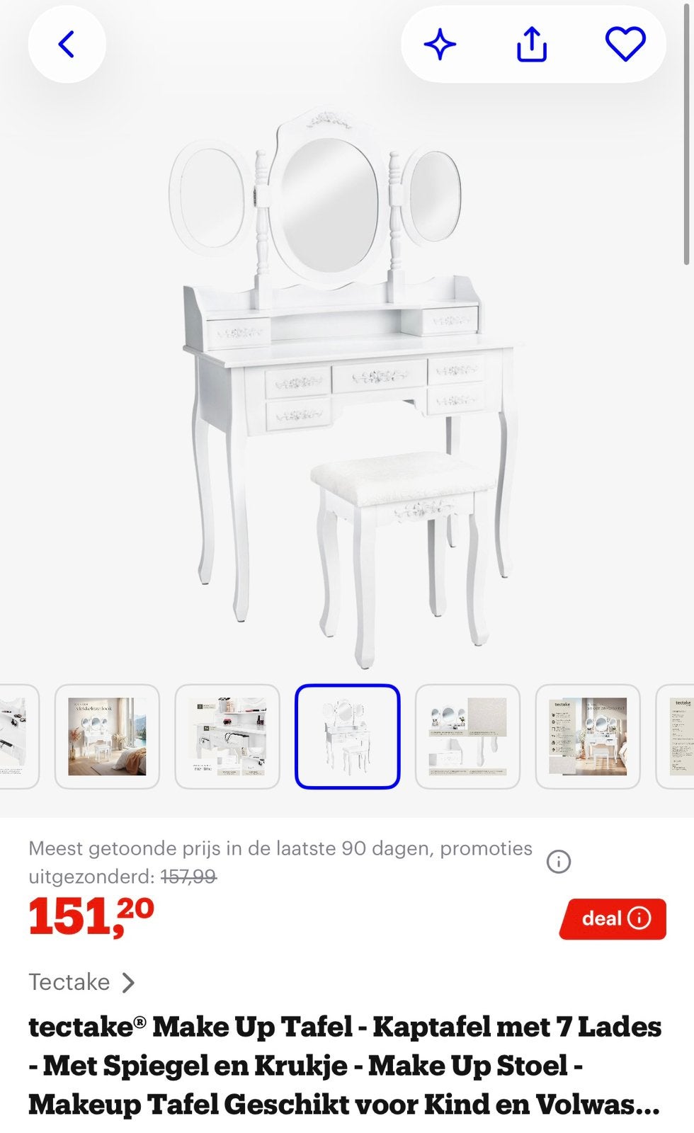 tectake Make Up Tafel - Kaptafel met 7 Lades, Ophalen of Verzenden, Gebruikt, 50 tot 100 cm, Minder dan 100 cm