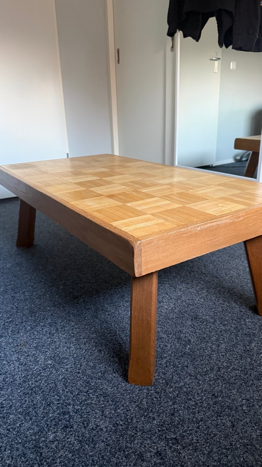 Houten salontafel, mozaïek blad jaren 70 met jaren 90 touch, Ophalen, Gebruikt, 100 tot 150 cm, 50 tot 100 cm