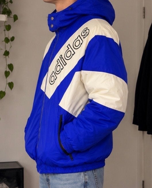 Vintage Adidas Windbreaker Jas - Blauw/Wit, Ophalen of Verzenden, Gedragen, Maat 46/48 (XL) of groter, Blauw