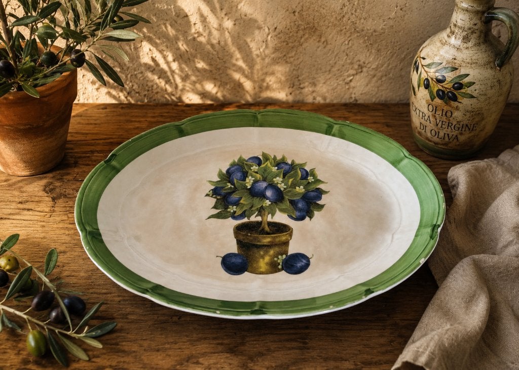 Ovale serveerschaal met pruimenboom decoratie, vintage, Gebruikt, Overige merken, Keramiek, Ophalen of Verzenden