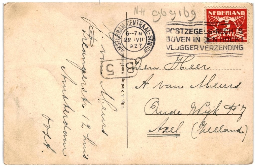969169	Amsterdam	Singel	1927	Gelopen met postzegel, Ophalen of Verzenden, 1920 tot 1940, Gelopen, Noord-Holland