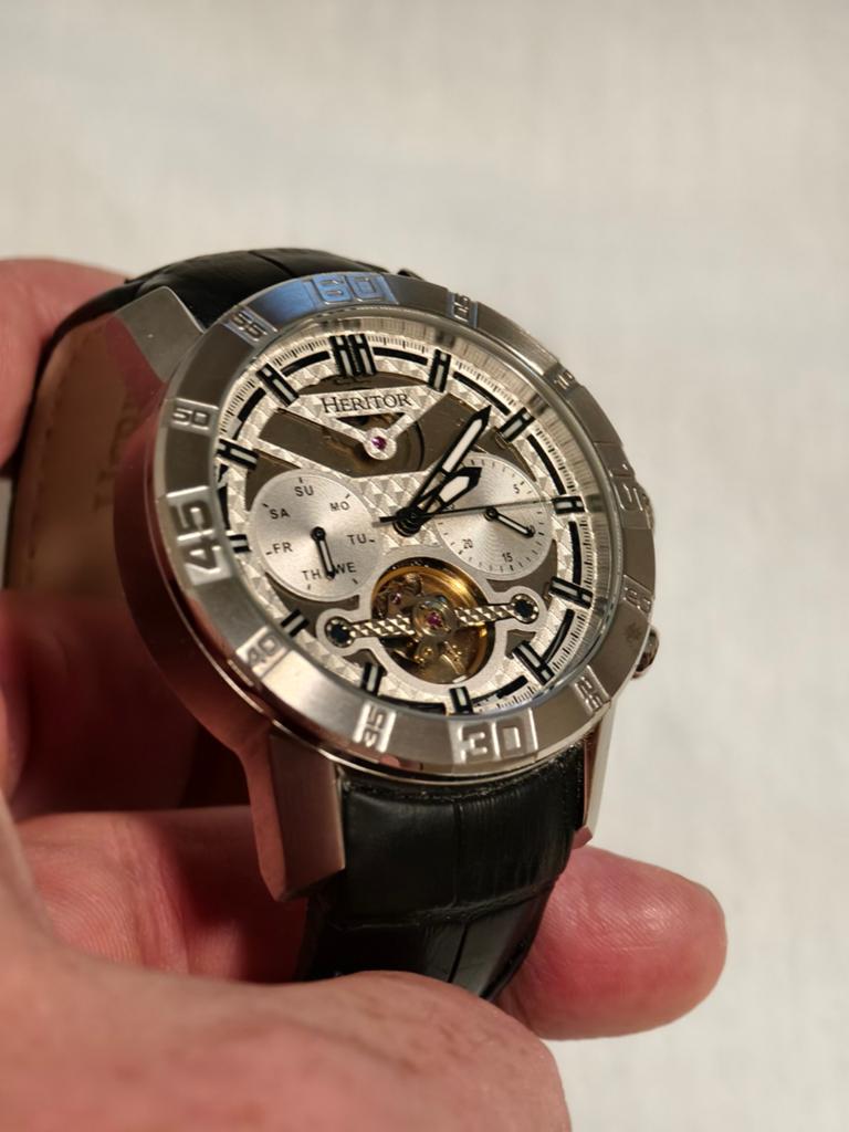 Heritor automatic met glazen achterkant, Ophalen of Verzenden, Zo goed als nieuw, Leer, Overige merken