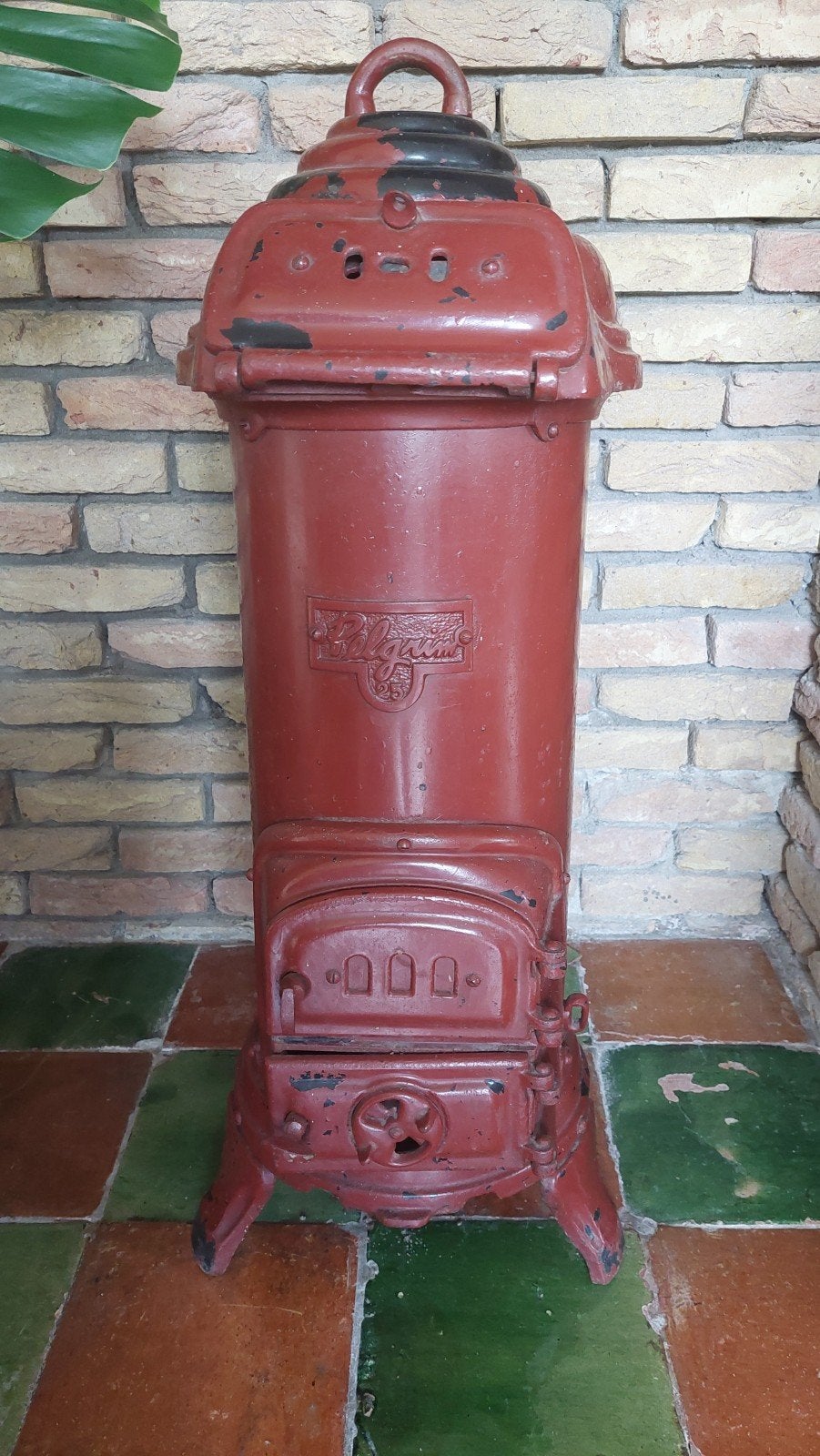 Antieke Pelgrim 25 Kolenkachel - Rood geëmailleerd, Huis en Inrichting, Kachels, Ophalen, Gebruikt, Overige brandstoffen, Vrijstaand