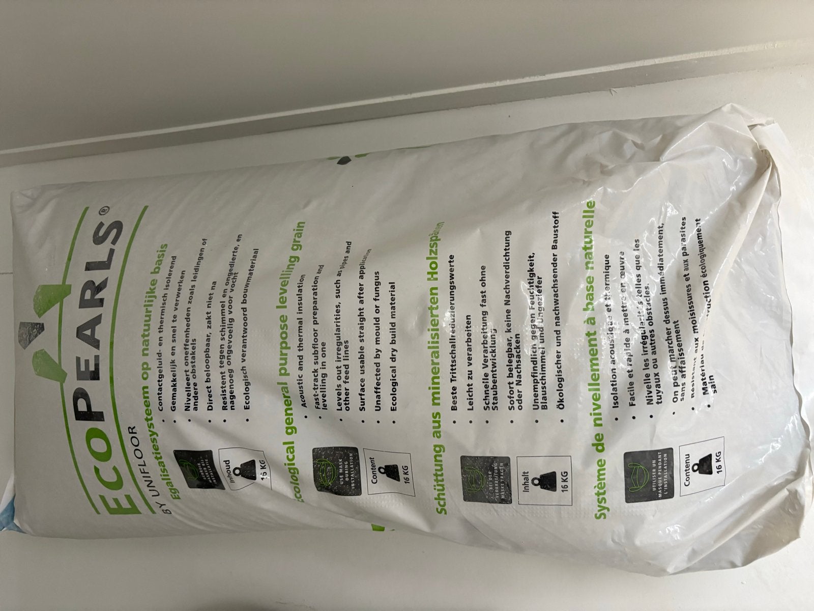 Ongeopende egalisatiekorrels - Unifloor EcoPearls 16kg, Ophalen, Zo goed als nieuw