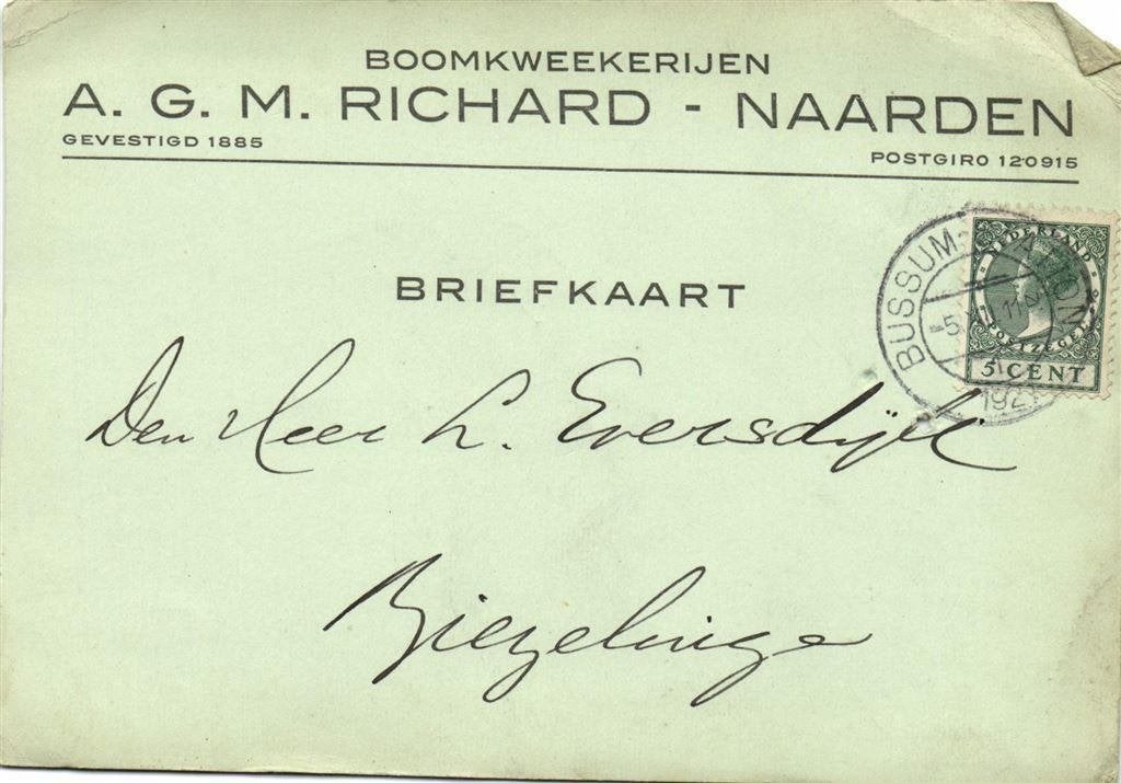Boomkweekerijen A.G.M. Richard - Naarden - 12.1927 - briefka, Ophalen of Verzenden, Briefkaart