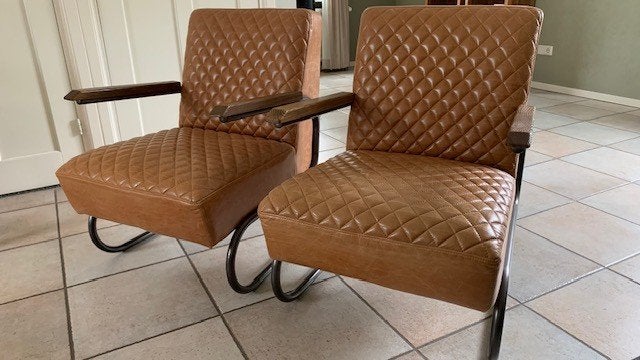 Leren Buisframe Fauteuil met houten leuning(2x), Ophalen, Gebruikt, Neutraal, 75 tot 100 cm
