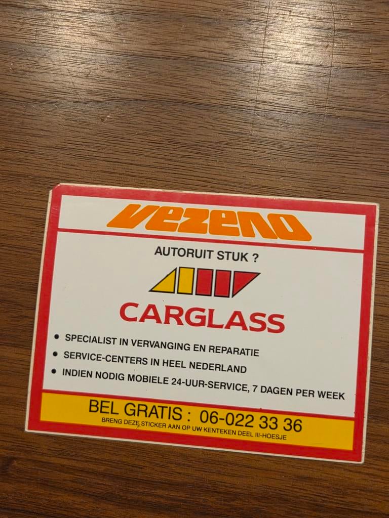 6268 Carglass Autoruitherstel Sticker -Vezeno/Royal Nede, Ophalen of Verzenden