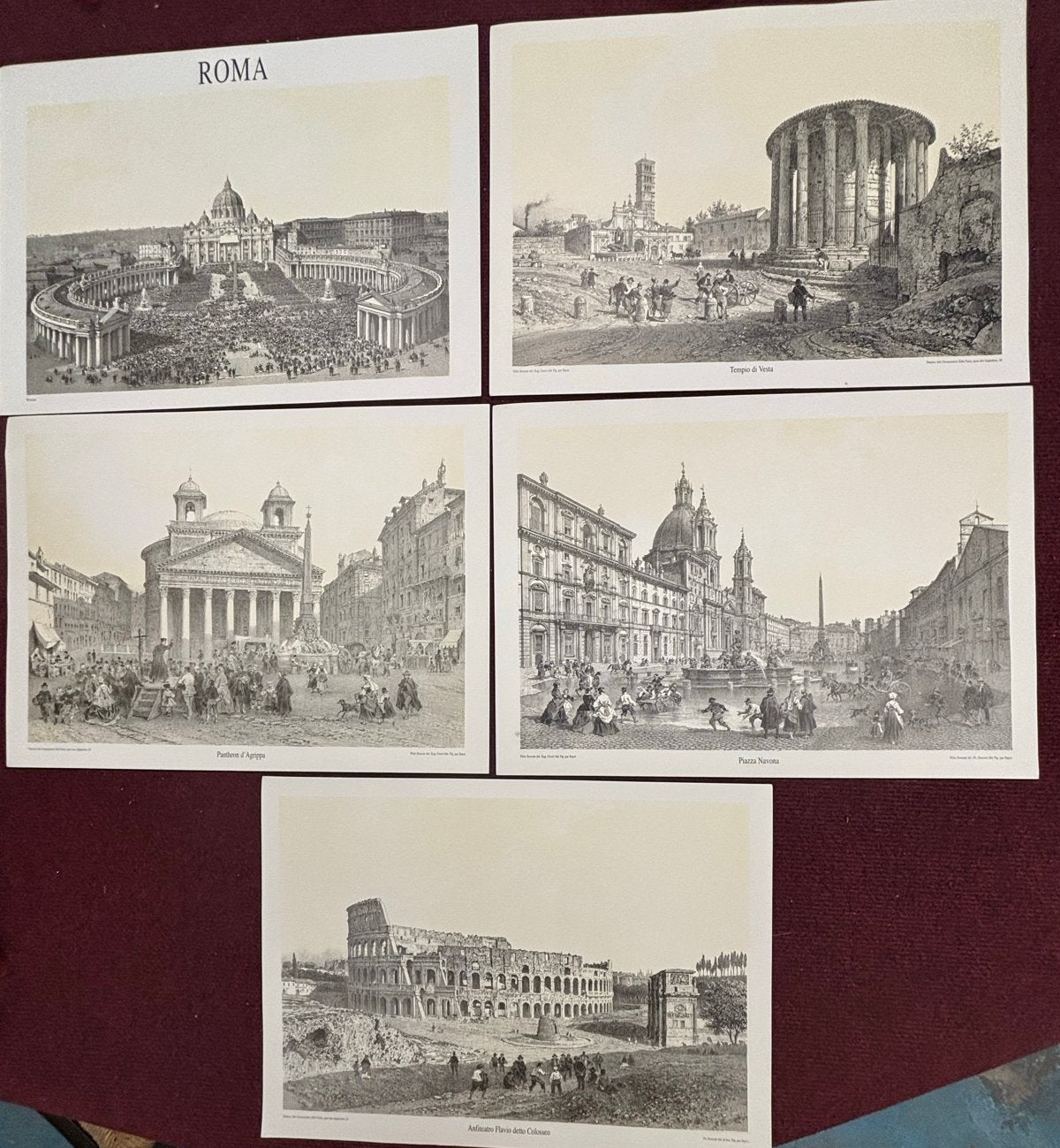 Set van 5 prenten van Romeinse stadsgezichten, Antiek en Kunst, Kunst | Etsen en Gravures, 1800 - 1899, Overige technieken, Architectuur