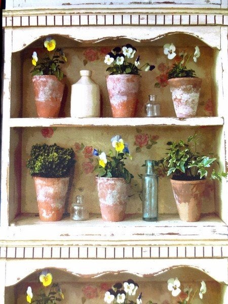 Behang met bloempotten, violen, plantenkast 30648-1 balkon, Ophalen of Verzenden, Geel