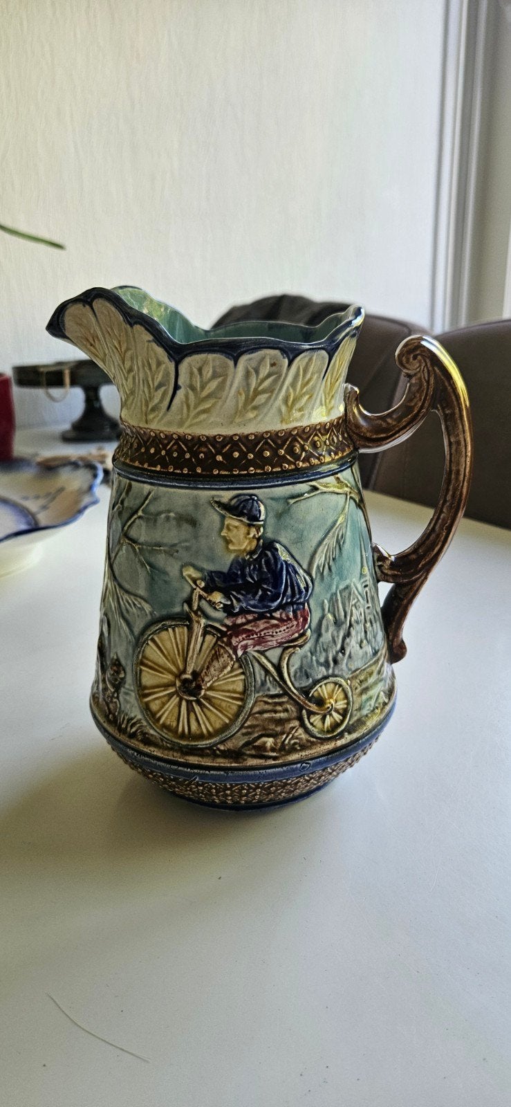 antieke kruik Faiencerie Waesmuel met oude fietsen, Antiek en Kunst, Antiek | Vazen, Ophalen of Verzenden