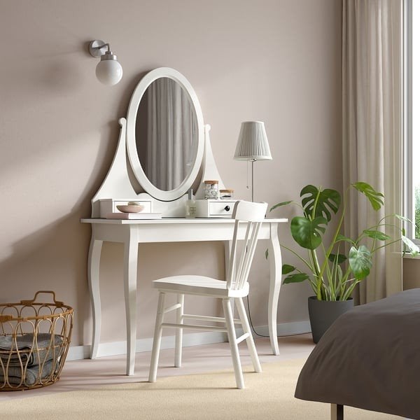 IKEA Hemnes make-up tafel met spiegel en stoel, Ophalen, Gebruikt, 100 tot 150 cm, 50 tot 100 cm