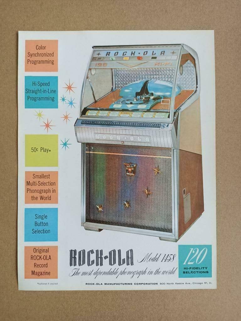 Flyer: Rock-ola 1458 (1958) jukebox, Verzamelen, Automaten | Jukeboxen, Verzenden, Gebruikt, 1950 tot 1960, Seeburg