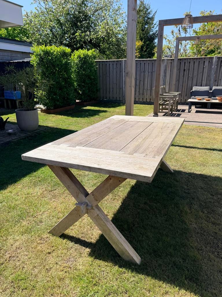 Teak houten tuintafel met X-poten 180x100, Ophalen, Gebruikt, Rechthoekig, Hout