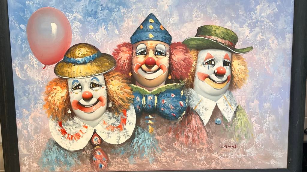 Origineel Schilderij W. Moninet - Drie Clowns met Ballon, Ophalen