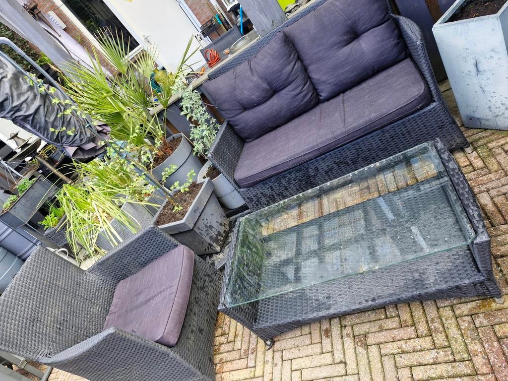 Tuinset met bank, stoel en glazen tafel, Ophalen, Gebruikt, 3 zitplaatsen, Bank