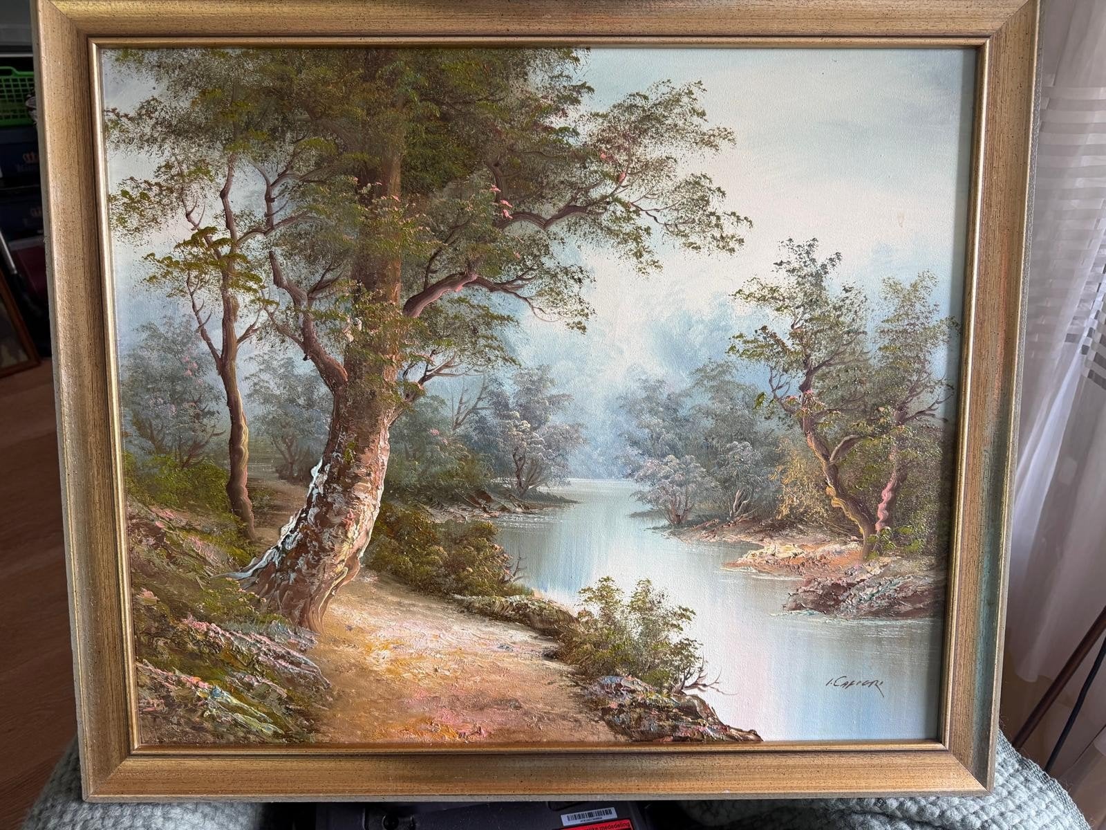 Olieverfschilderij Landschap met Rivier - Gesigneerd, Antiek en Kunst, Kunst | Schilderijen | Klassiek, Ophalen of Verzenden