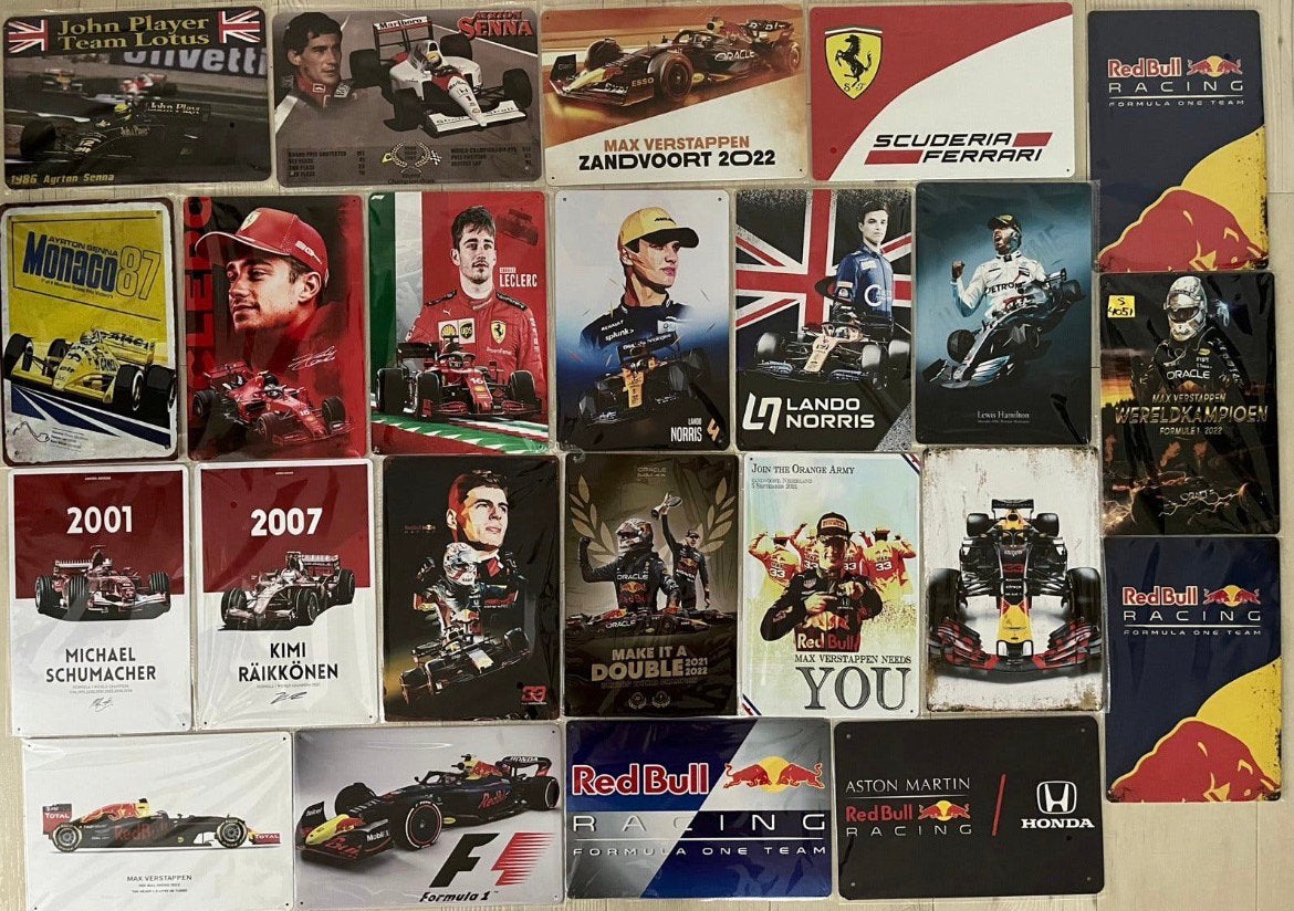 Metalen wandbord f1 coureurs raceteams 20x30 cm prijs=per st, Ophalen of Verzenden, Zo goed als nieuw, Reclamebord