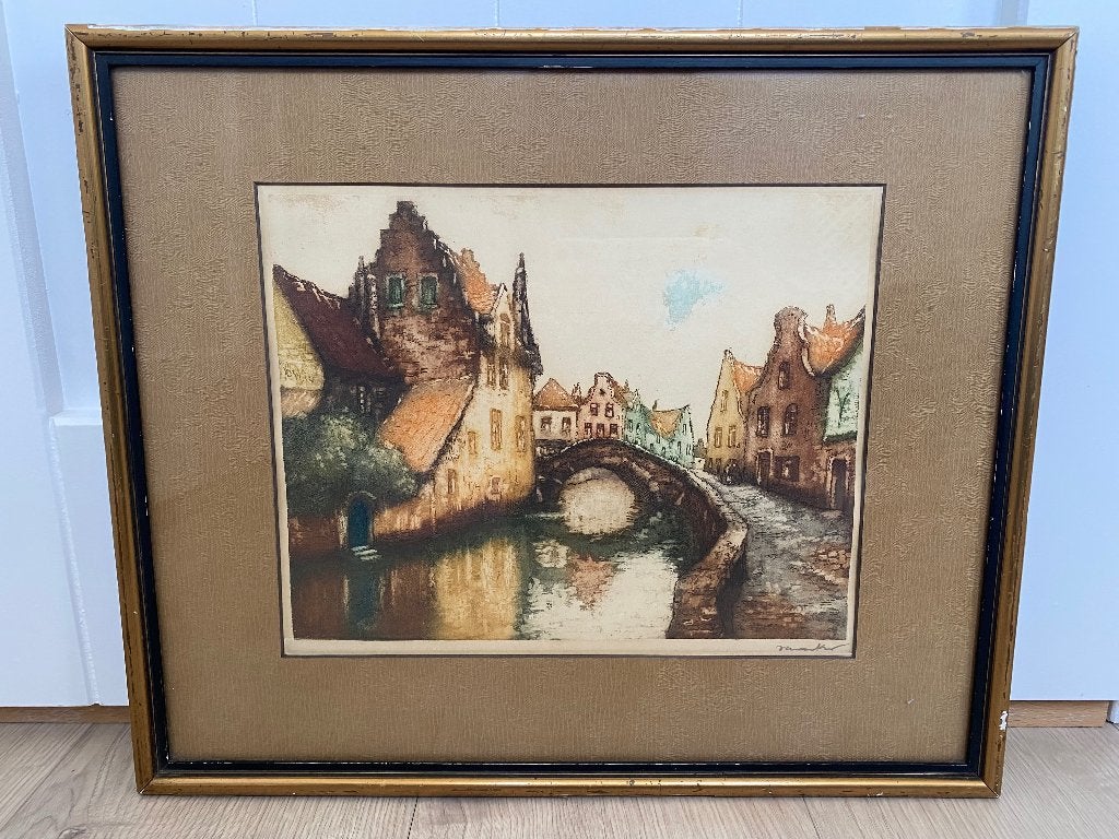 Gesigneerde kleurenets Florimond van Acker | Brugse school, Antiek en Kunst, Ets, Stadsgezicht, Origineel, Ophalen of Verzenden