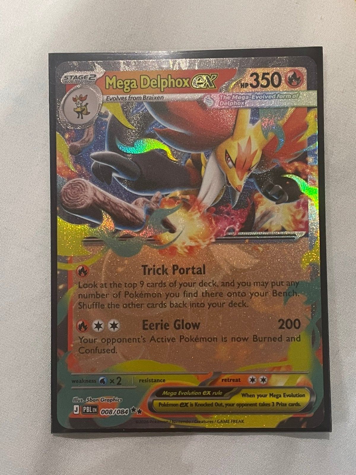 Mega Delphox ex 008/084 incl. Pitch Black sleeve, Ophalen of Verzenden, Nieuw, Losse kaart