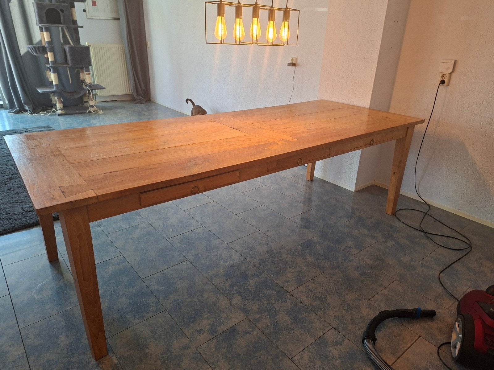 Robuuste houten eettafel met lades - Landelijke stijl, Ophalen, Gebruikt, 200 cm of meer, 50 tot 100 cm
