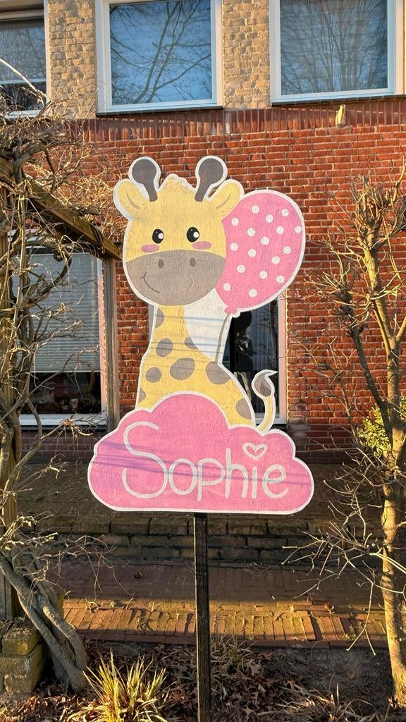 Geboortebord Giraffe met Roze Ballon, Ophalen, Gebruikt, Geboortebord