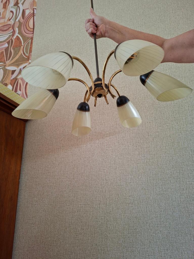 Jaren 50 lamp met glazen lampenkapjes, Ophalen, Gebruikt