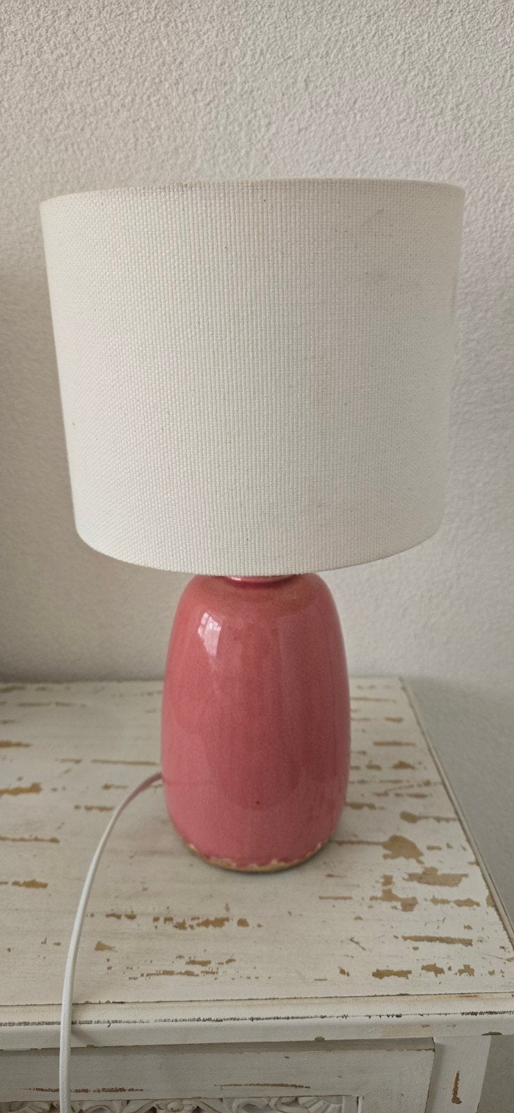 2x Roze tafellamp met witte kap, Ophalen, Gebruikt, Textiel, Met kap