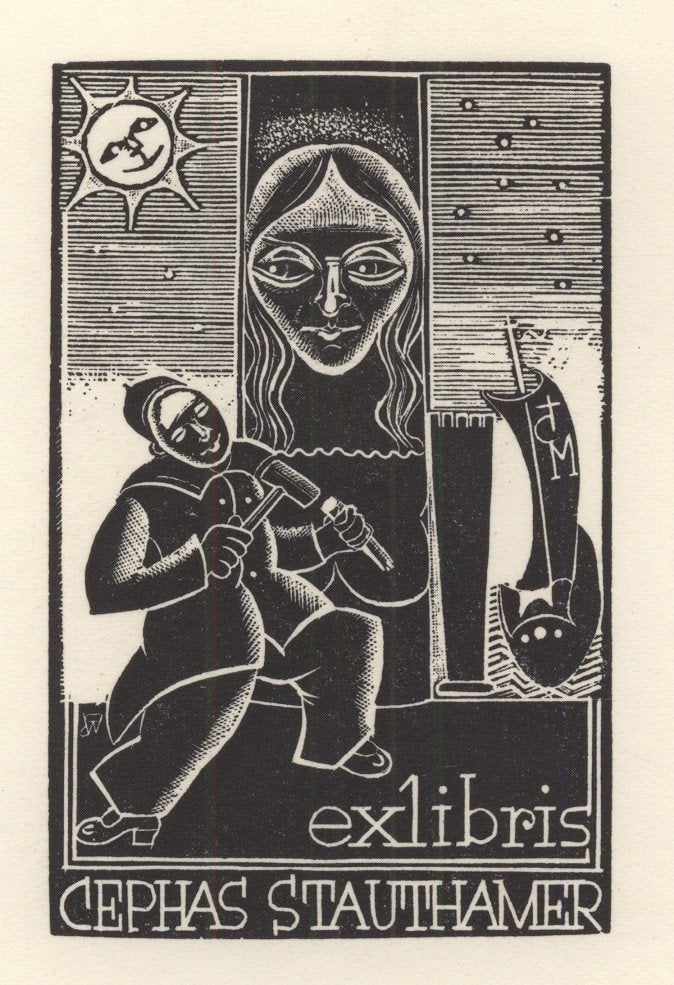 0373 Ex Libris Nederland : Cor de Wolff, 1942, Antiek en Kunst, Kunst | Etsen en Gravures, Verzenden, Ex libris