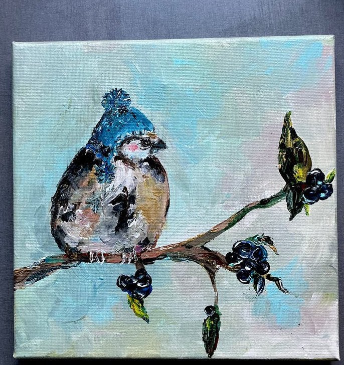Mus met muts ~ schilderij ~ kleintje kunst ~ atelier., Huis en Inrichting, Ophalen of Verzenden, Nieuw, Minder dan 50 cm, Schilderij